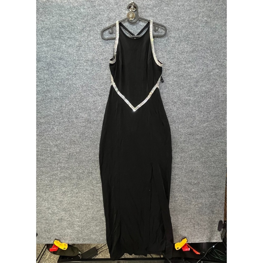 Nicole Bakti Rhinestone Halter Evening Gown Black Strappy Back Maxi Dress - 10